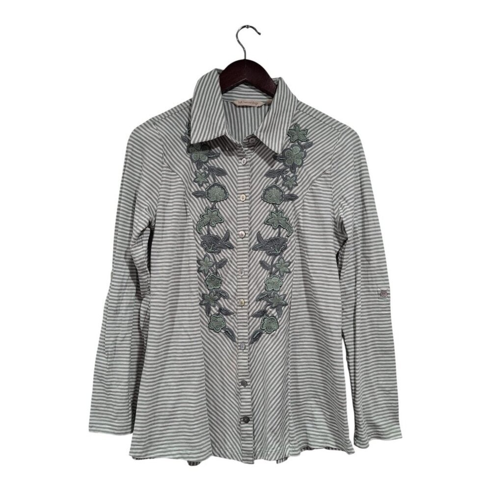 Soft Surroundings Anisa Tunic Green Striped Embroidered Top Button Down Sz Med